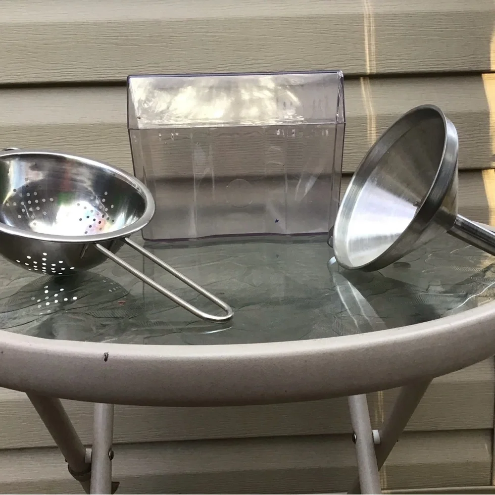 Kitchen Lot, Acrylic Recipe Box, Stainless Steel Funnel, Hand Strainer